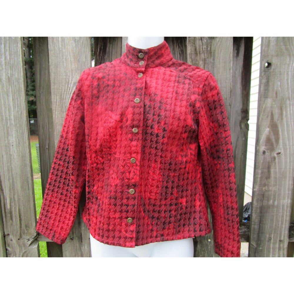 CHICO'S Women's Jacket Size 1, US Medium/8 Red Black Button Front Long Sleeve